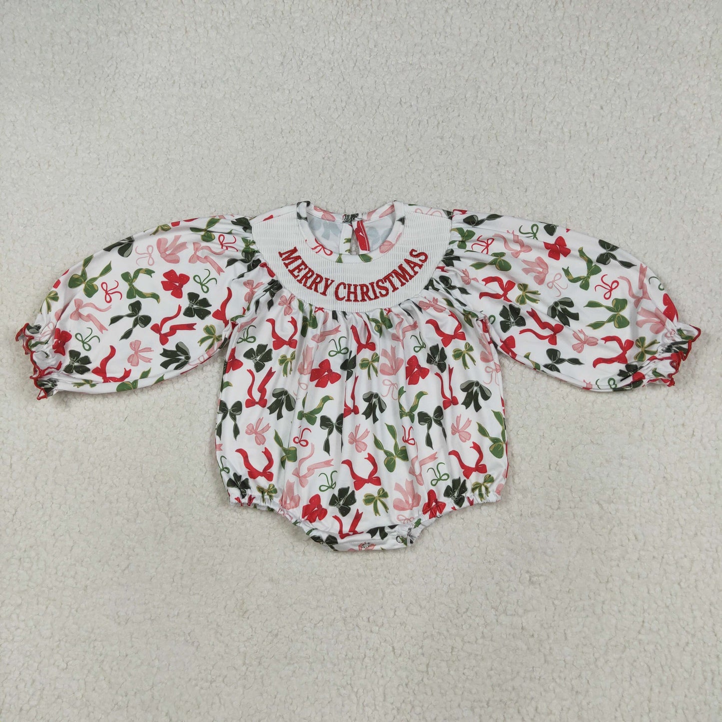 8.12 RTS NO MOQ Baby Girls Bodysuit LR2276 Smocked Embroidery Merry Christmas Colorful Bows