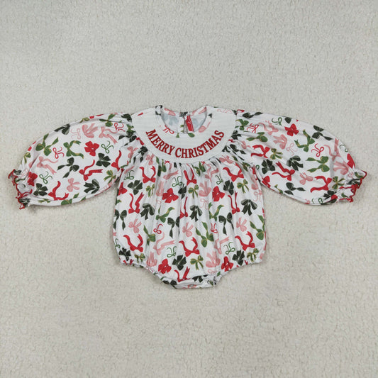 8.12 RTS NO MOQ Baby Girls Bodysuit LR2276 Smocked Embroidery Merry Christmas Colorful Bows