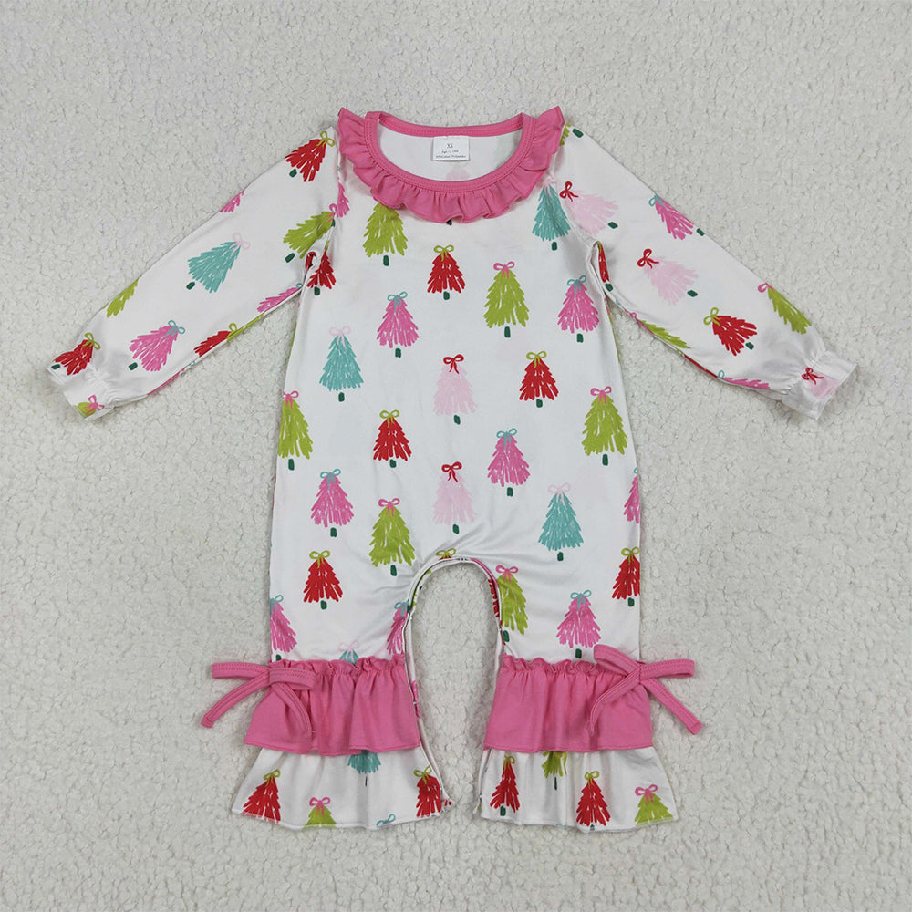 6.23 RTS NO MOQ Baby Girls Bodysuit LR2280 Christmas Colorful Bows Trees Ruffle Pant Rompers