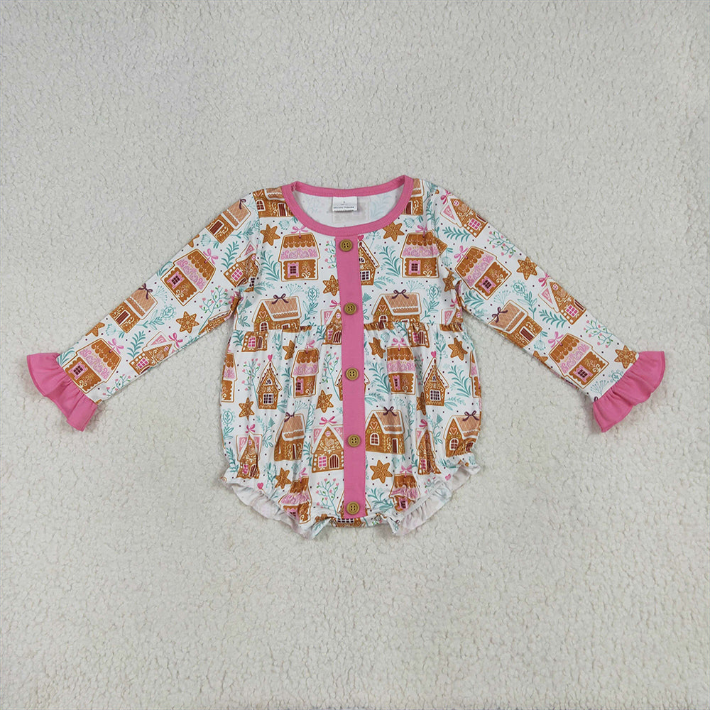 7.15 RTS NO MOQ Baby Girls Bodysuit LR2282 Christmas Pink Houses Snowflake Button Ruffle Rompers