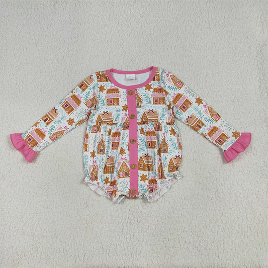 7.15 RTS NO MOQ Baby Girls Bodysuit LR2282 Christmas Pink Houses Snowflake Button Ruffle Rompers