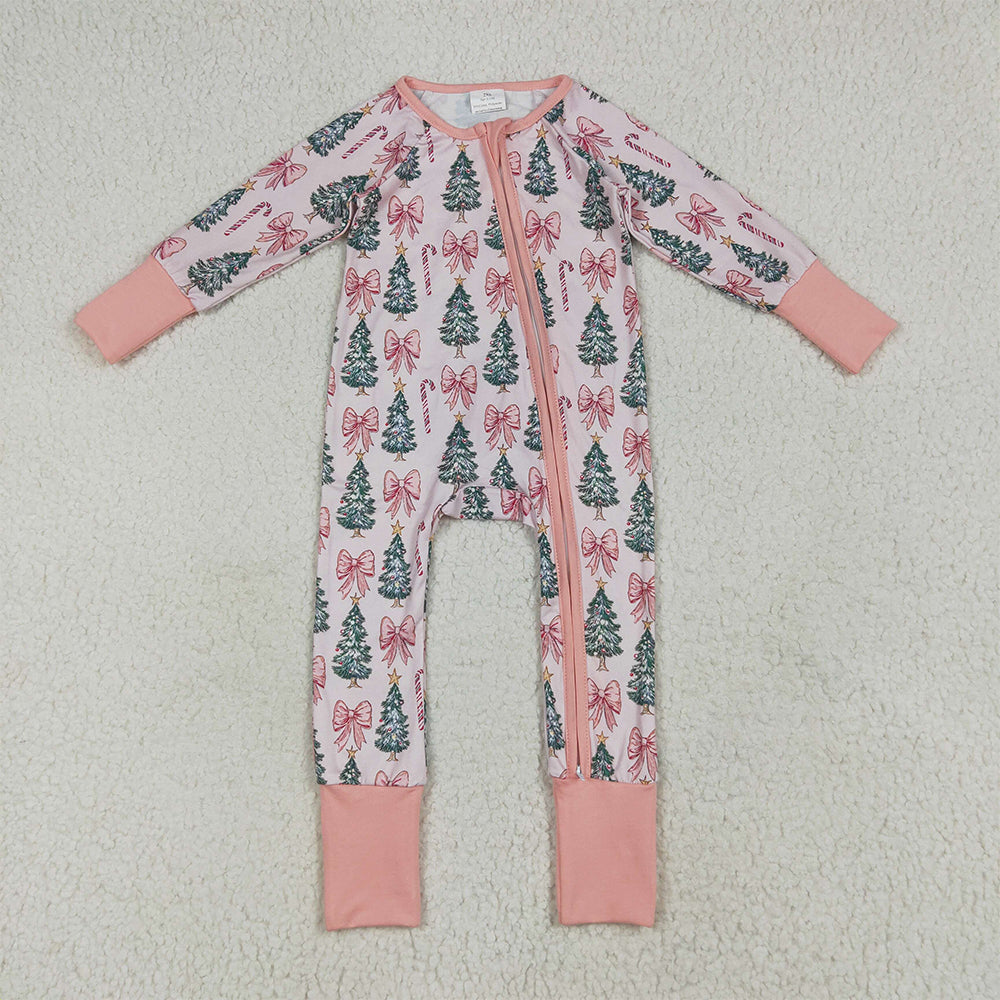 7.4 RTS NO MOQ Baby Girls Bodysuit LR2283 Christmas Tree Pink Bows Zipper Footie Rompers