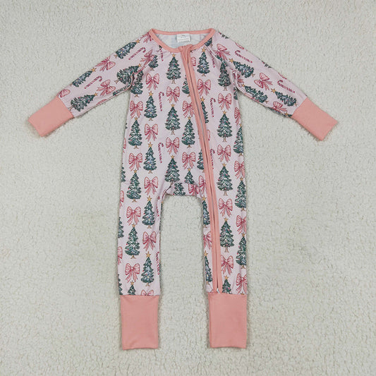 7.4 RTS NO MOQ Baby Girls Bodysuit LR2283 Christmas Tree Pink Bows Zipper Footie Rompers
