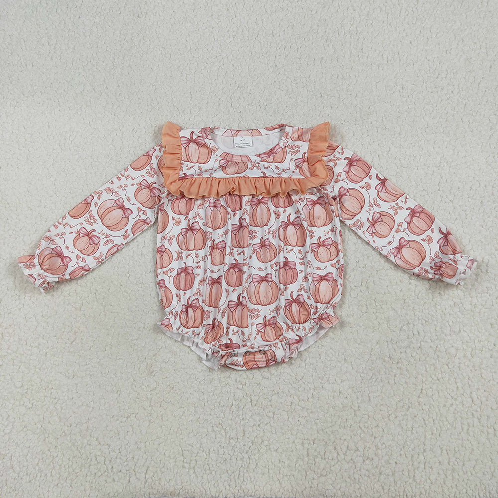 7.15 RTS NO MOQ Baby Girls Bodysuit LR2295 Long Ruffle Sleeves Bows Pumpkins Rompers