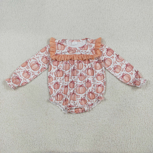 7.15 RTS NO MOQ Baby Girls Bodysuit LR2295 Long Ruffle Sleeves Bows Pumpkins Rompers