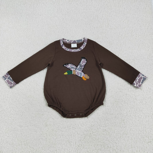 7.29 RTS NO MOQ Baby Boys Bodysuit LR2310 Brown Long Sleeves Camo Duck Southern Rompers