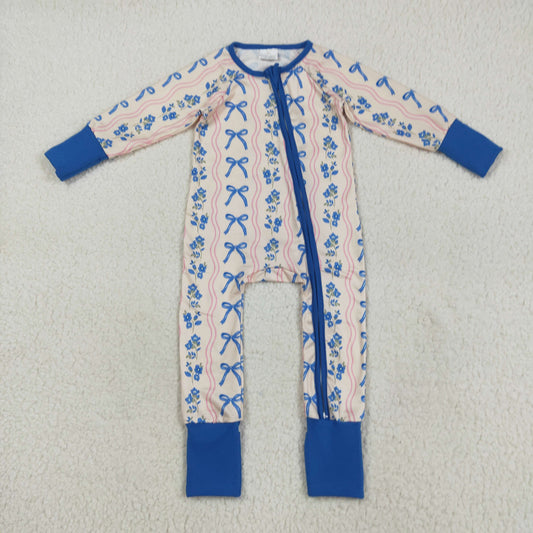 7.23 RTS NO MOQ Baby Girls Bodysuit LR2327 Long Sleeves Blue Bows Flowers Stripe Zipper Pant Rompers