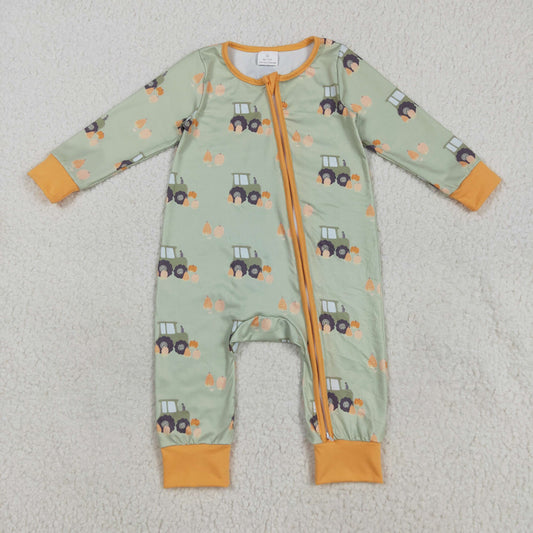7.23 RTS NO MOQ Baby Boys Bodysuit LR2335 Green Long Sleeves Pumpkins Trucks Zipper Rompers