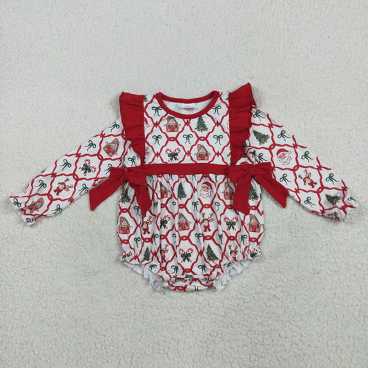 7.23 RTS NO MOQ Baby Girls Bodysuit LR2352 Christmas Trees Bows Ruffle Rompers