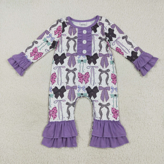 7.29 RTS NO MOQ Baby Girls Bodysuit LR2355 Long Ruffle Sleeves Purple Bows Button Pant Rompers