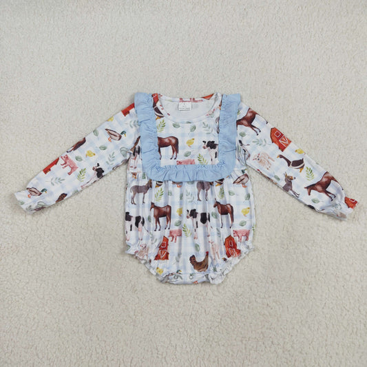 8.12 RTS NO MOQ Baby Girls Bodysuit LR2362 Long Ruffle Sleeves Farm Houses Chicks Rompers