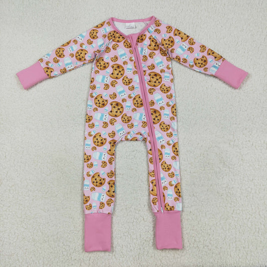 8.12 RTS NO MOQ Baby Girls Bodysuit LR2398 Pink Christmas Milk Cookies Zipper Footie Rompers