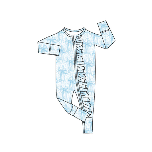 8.7 LR2518 Baby Girls Blue Bows Floral Plaid Ruffle Zipper Footie Rompers Preorder