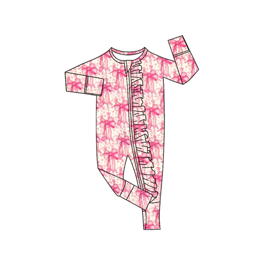 8.7 LR2519 Baby Girls Pink Bows Floral Plaid Ruffle Zipper Footie Rompers Preorder