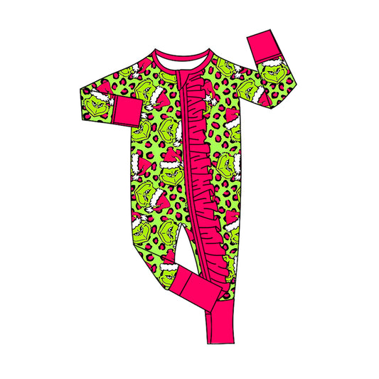 8.7 LR2520 Baby Girls Christmas Green Face Leopard Ruffle Zipper Footie Rompers Preorder
