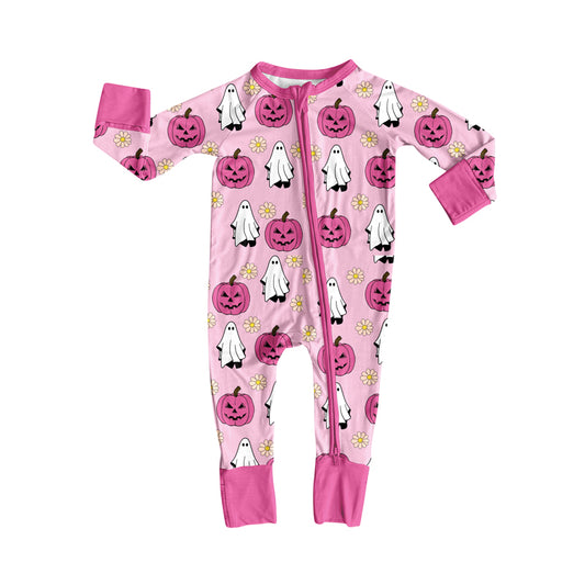8.7 LR2522 Baby Boys Ghost Pumpkins Flowers Halloween Zipper Footie Rompers Preorder