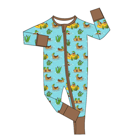 8.7 LR2523 Baby Boys Long Sleeves Ducks Plaid Zipper Footie Rompers Preorder