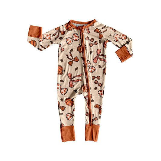 8.7 LR2524 Baby Boys Long Sleeves Pumpkins Bows Fall Zipper Footie Rompers Preorder