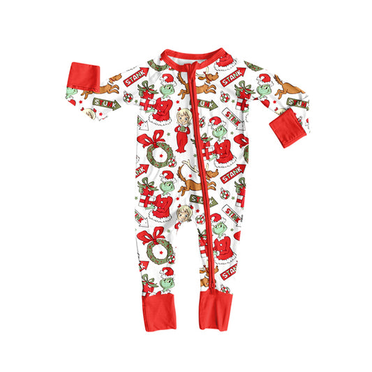 8.7 LR2525 Baby Boys Long Sleeves Christmas Green Face Holly Zipper Footie Rompers Preorder