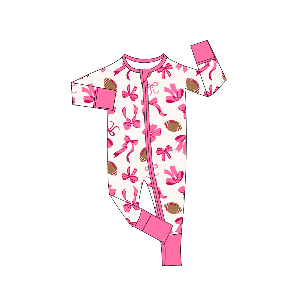 8.7 LR2526 Baby Girls Pink Footballs Bows Plaid Team Zipper Footie Rompers Preorder