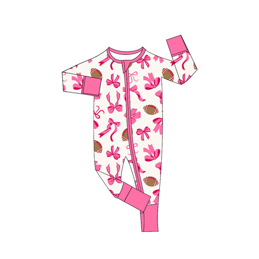 8.7 LR2526 Baby Girls Pink Footballs Bows Plaid Team Zipper Footie Rompers Preorder