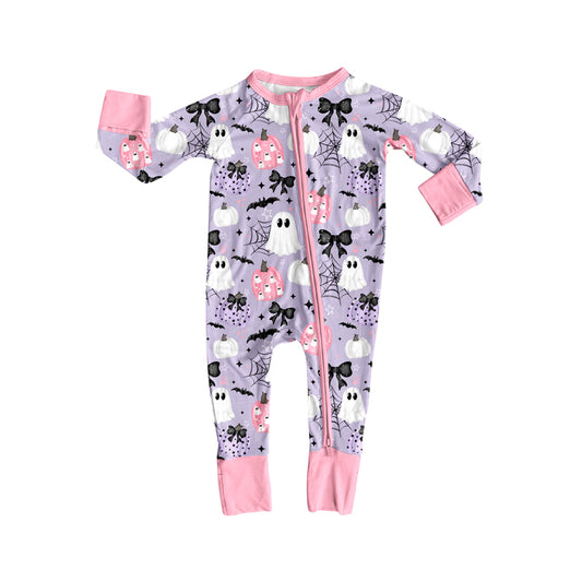 8.7 LR2527 Baby Girls Ghost Pumpkins Plaid Halloween Zipper Footie Rompers Preorder
