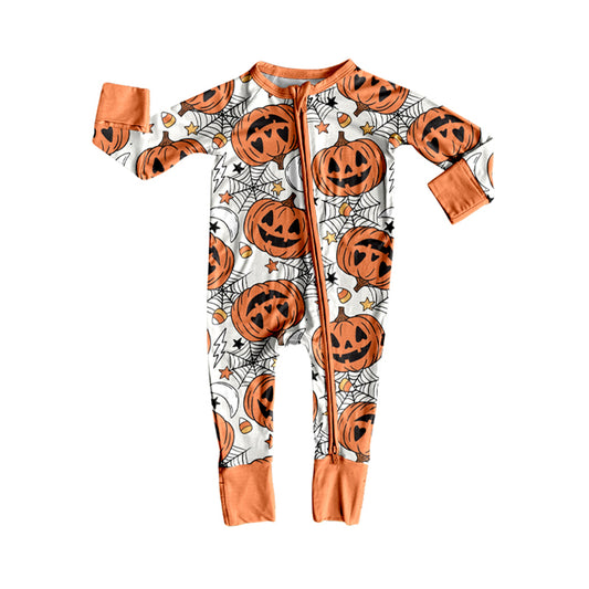 8.7 LR2528 Baby Boys Spider Web Pumpkins Halloween Zipper Footie Rompers Preorder