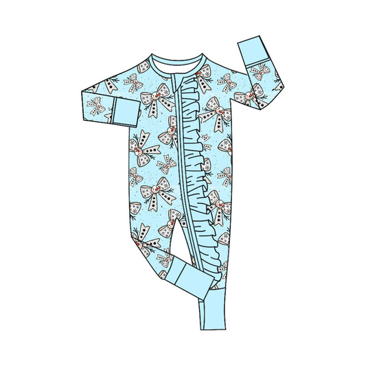 8.7  LR2530 Baby Girls Blue Snowmen Bows Plaid Christmas Zipper Footie Rompers Preorder