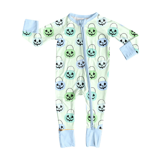 8.7 LR2534 Baby Boys Ghost Pumpkins Plaid Halloween Zipper Footie Rompers Preorder