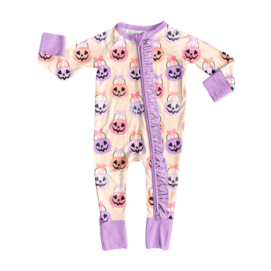 8.7 LR2535 Baby Girls Ghost Pumpkins Plaid Halloween Zipper Footie Rompers Preorder