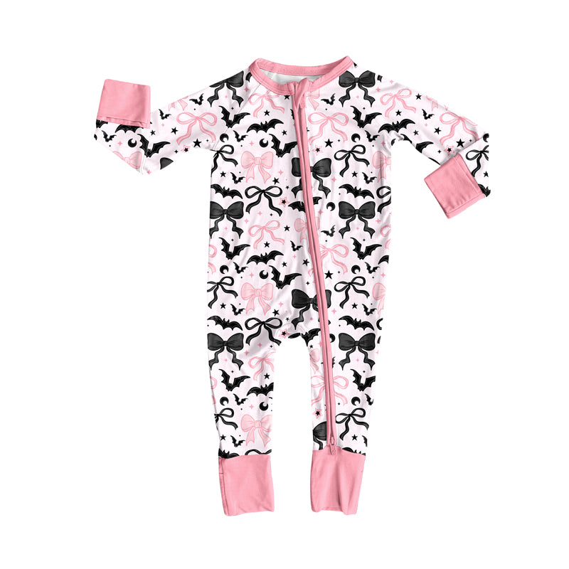 8.7 LR2536 Baby Girls Bows Bats Plaid Halloween Zipper Footie Rompers Preorder