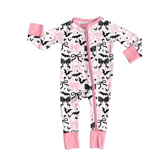 8.7 LR2536 Baby Girls Bows Bats Plaid Halloween Zipper Footie Rompers Preorder