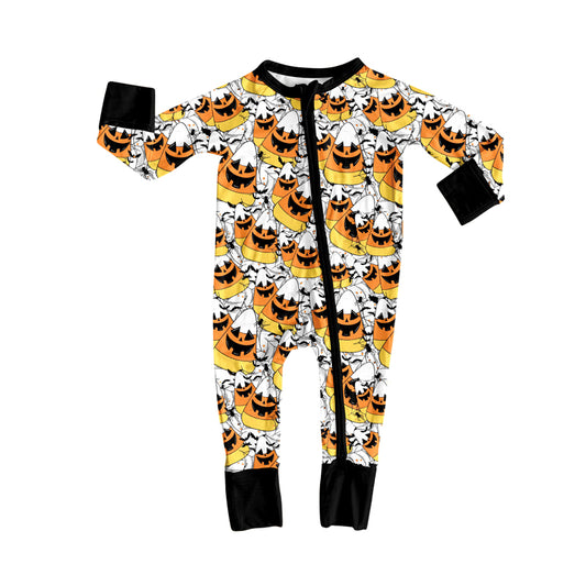 8.7  LR2537 Baby Girls Ghost Candy Plaid Halloween Zipper Footie Rompers Preorder