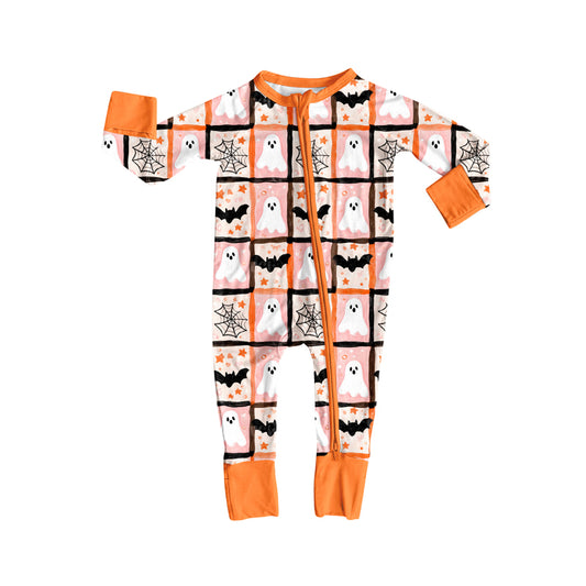 8.7 LR2539 Baby Boys Ghosts Bats Plaid Halloween Zipper Footie Rompers Preorder