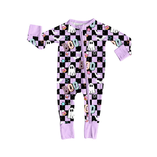 8.7 LR2541 Baby Girls Black Plaid Ghosts Candy Halloween Zipper Footie Rompers Preorder