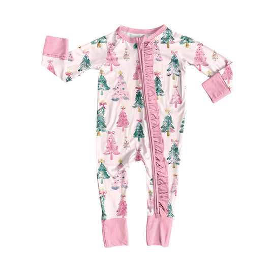 8.9 LR2544 Baby Girls Christmas Trees Bows Plaid Ruffle Zipper Footie Rompers Preorder
