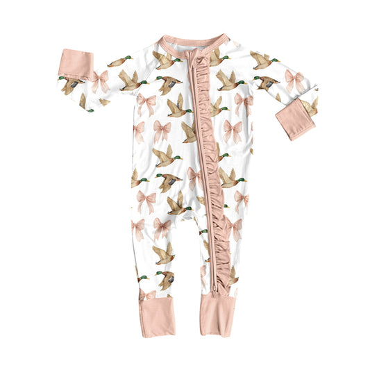 8.9 LR2545 Baby Girls Ducks Bows Plaid Ruffle Zipper Footie Rompers Preorder