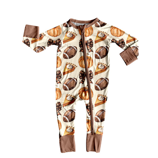 8.9 LR2546 Baby Boys Footballs Bows Pie Fall Zipper Footie Rompers Preorder