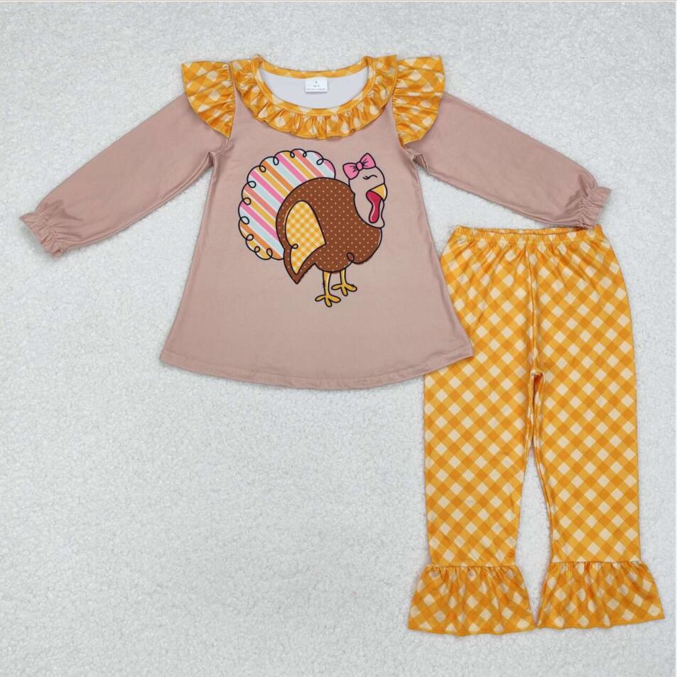 GLP1410 Baby Girls Thanksgiving Turkey Tunic Top Ruffle Pants Clothes Sets