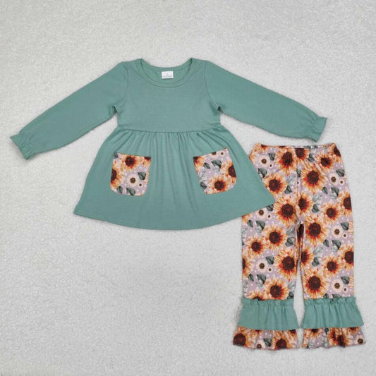 GLP1612 Baby Girls Green Pockets Tunic Top Sunflowers Ruffle Pants Clothes Sets