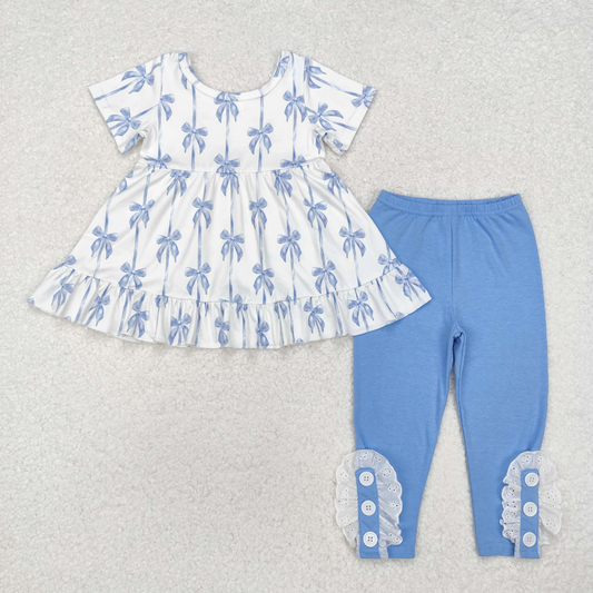 GSPO1688 Baby Girls Blue Bows Ruffle Top Legging Clothes Sets