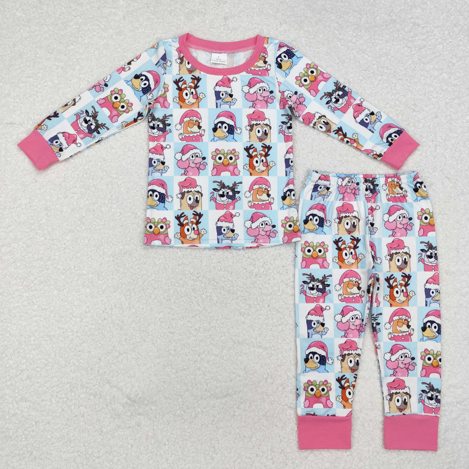 GLP1805 Baby Girls Christmas Dogs Pink Top Pants Pajamas Clothes Sets