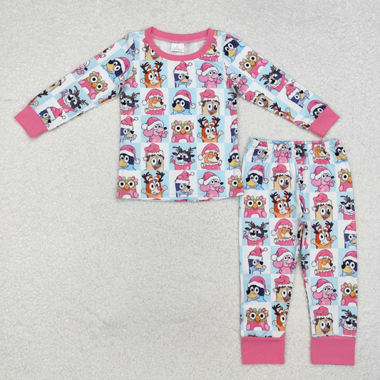 GLP1805 Baby Girls Christmas Dogs Pink Top Pants Pajamas Clothes Sets