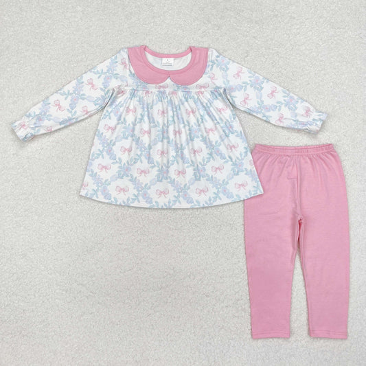 GLP1876 Baby Girls Flowers Bows Tunic Pink Legging Clothes Sets