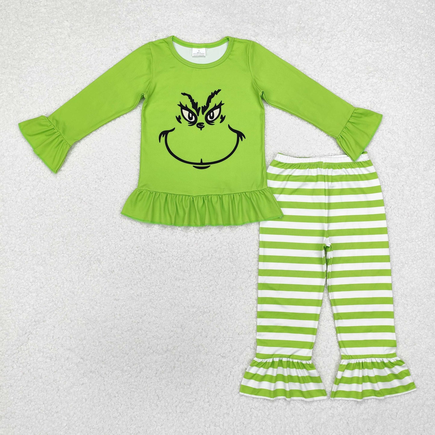 GLP1862 Baby Girls Christmas Green Face Top Ruffle Pants Outfits Sets