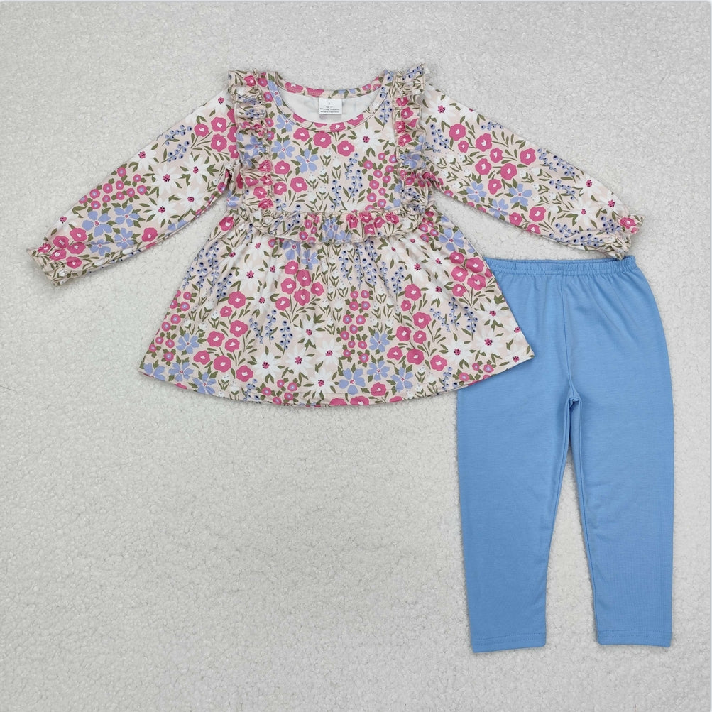 GLP1926 Baby Girls Blue Flowers Tunic Tops Legging Clothes Sets