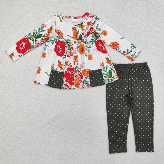 GLP1851 Baby Girls Red Flowers Pockets Tunic Legging Outfits Sets