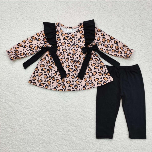 GLP1238 Kids Girls leopard Tunic Top Black Pants outfit