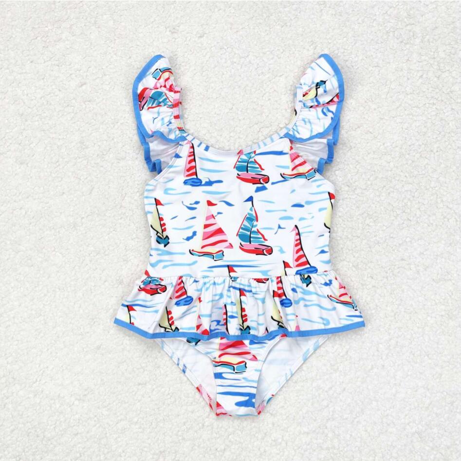 S0277 Baby Girls Blue Boats Bow Top Bummie Bows Swimsuits