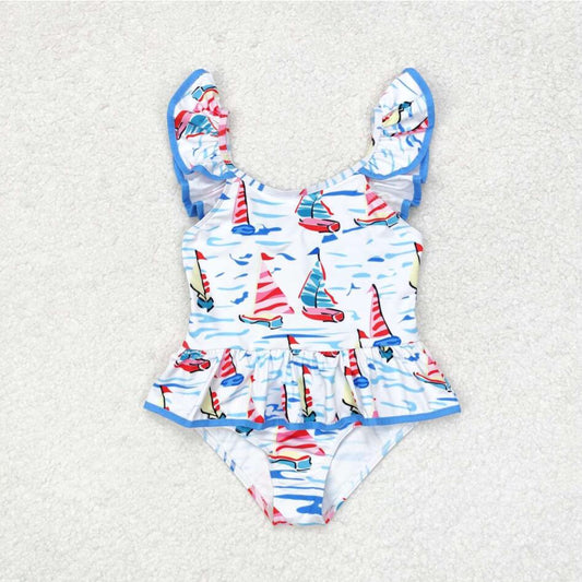 S0277 Baby Girls Blue Boats Bow Top Bummie Bows Swimsuits